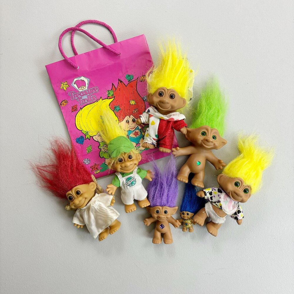 VINTAGE 90s Troll Dolls Lot Of 7 Russ Angel Clown Earth Day Treasure Gift Bag